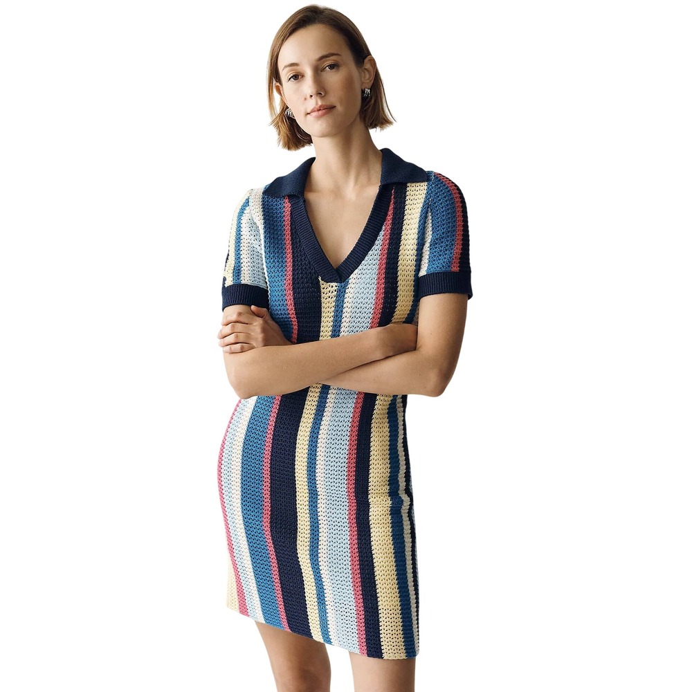 NWT Maeve Anthropologie Striped Crochet Polo Mini Dress Multi Color Size S